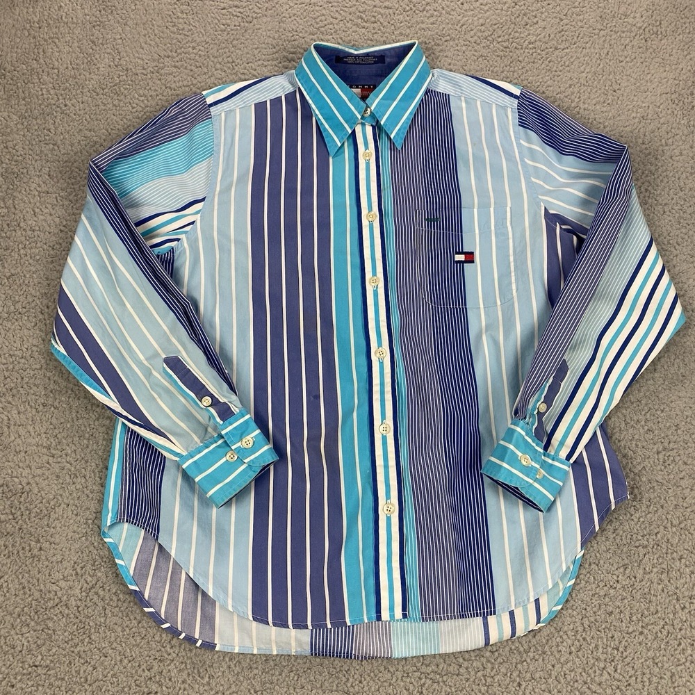 Vtg Tommy Hilfiger Shirt Womens Size 8 Blue Colorblock Button Up Long Sleeve Top